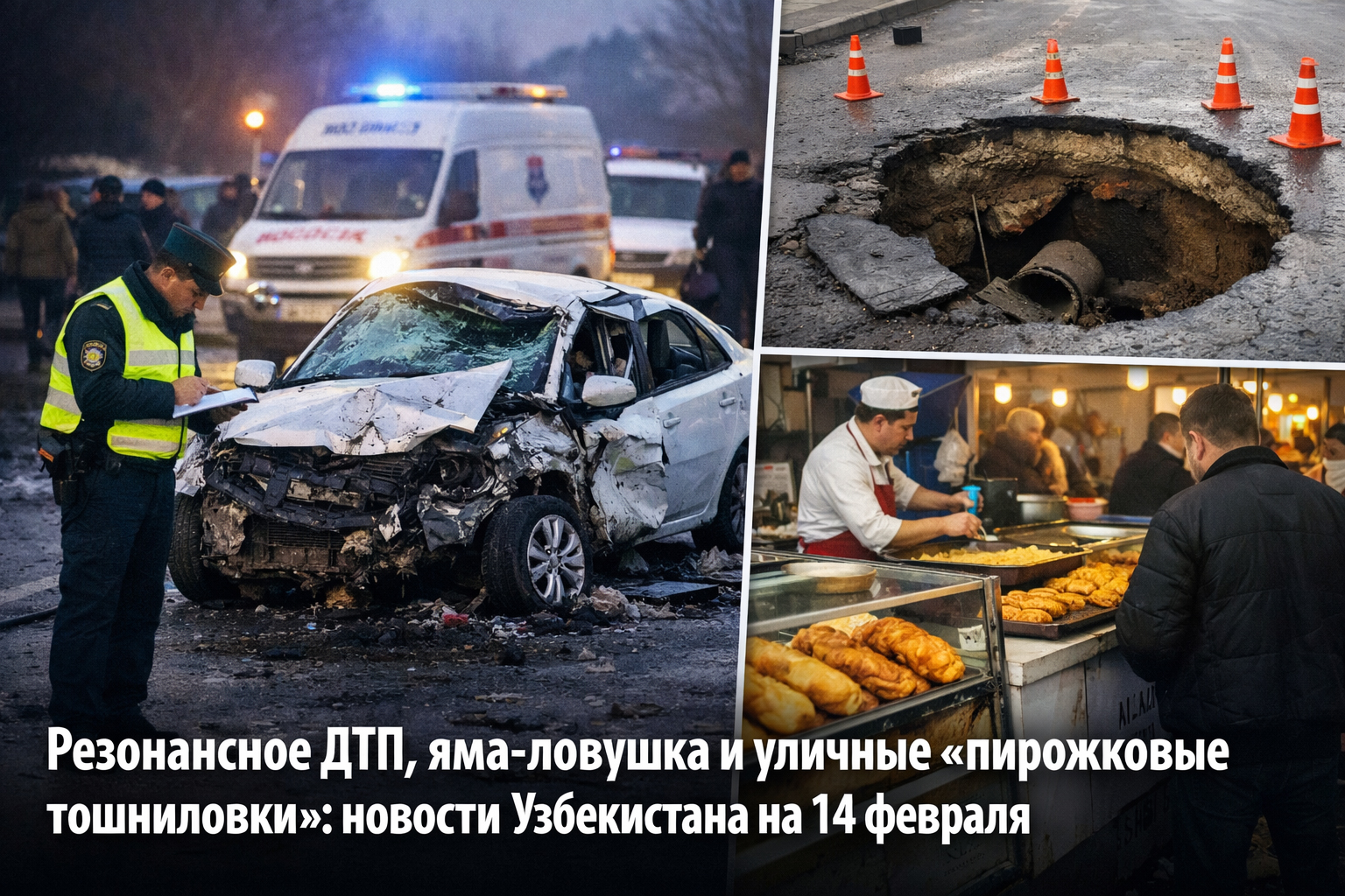 Резонансное ДТП, яма-ловушка и уличные «пирожковые тошниловки»: новости Узбекистана на 14 февраля