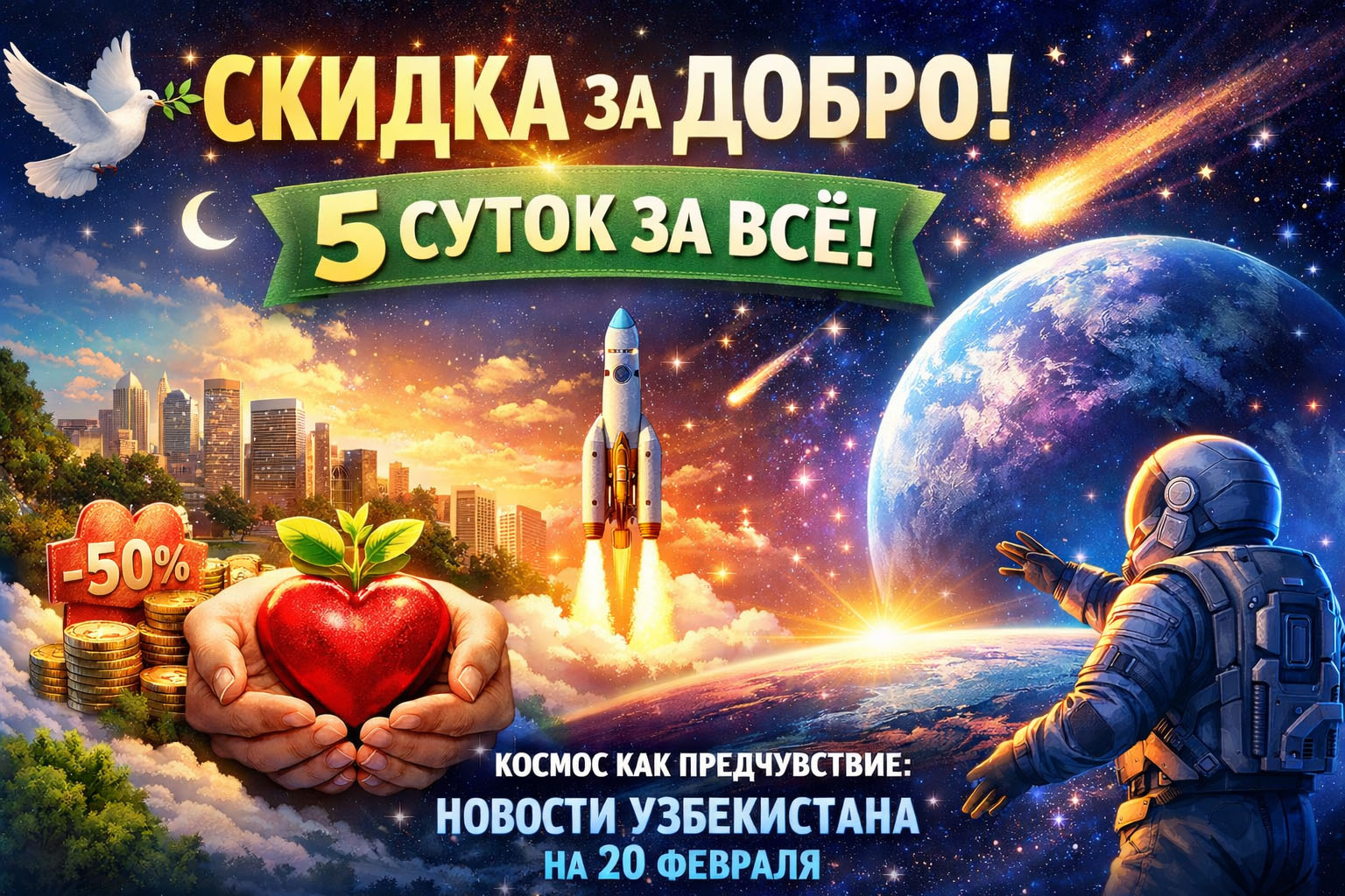 Скидка за добро, 5 суток за всё и космос как предчувствие: новости Узбекистана на 20 февраля