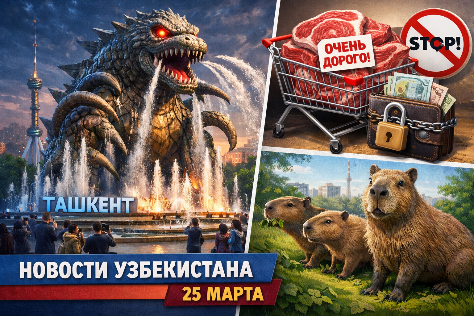 Монстр-фонтан, недоступное мясо и капибары в Ташкенте: новости Узбекистана на 25 марта