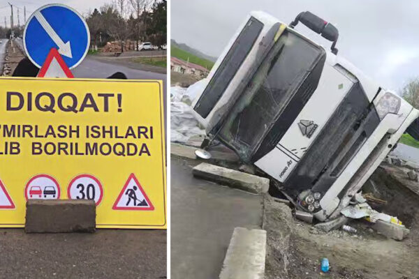 Фура против рва: в Джизаке грузовик перевернулся на ремонтируемой дороге