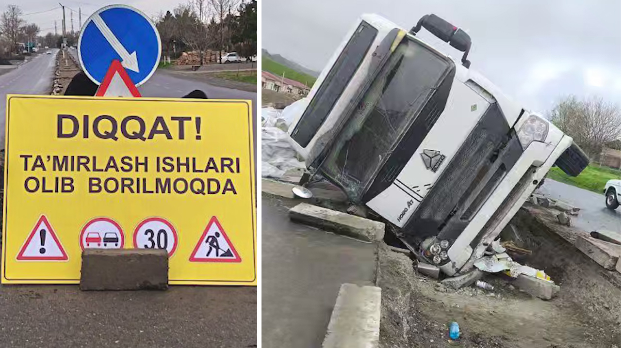 Фура против рва: в Джизаке грузовик перевернулся на ремонтируемой дороге