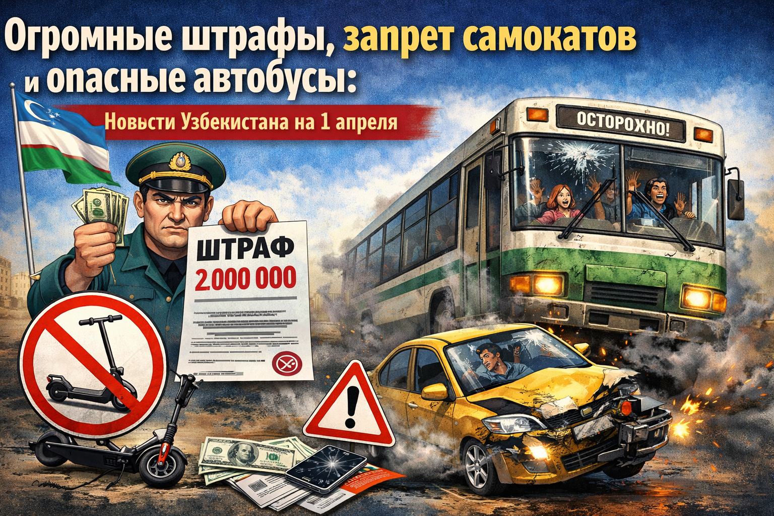 Огромные штрафы, запрет самокатов и опасные автобусы: новости Узбекистана на 1 апреля