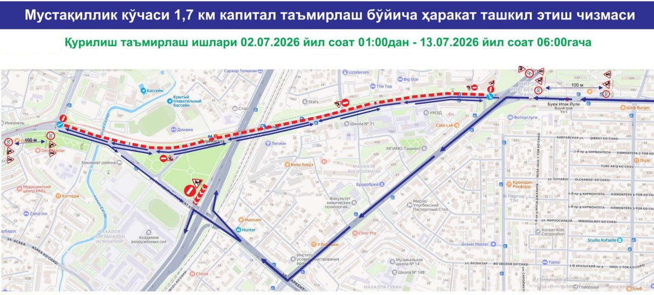 Да здравствуют пробки. В Ташкенте почти на две недели перекроют часть проспекта Мустакиллик