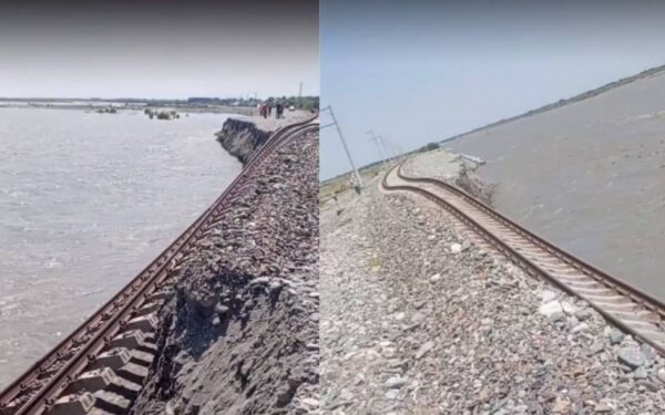 Рельсы повисли в воздухе. В Узбекистане поток воды повредил недавно открытую железную дорогу Рельсы повисли в воздухе. В Узбекистане поток воды повредил недавно открытую железную дорогу