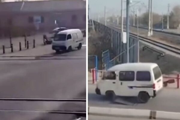 Успеть любой ценой: в Джизакской области водитель Damas полез через закрывающийся переезд и застрял на барьере
